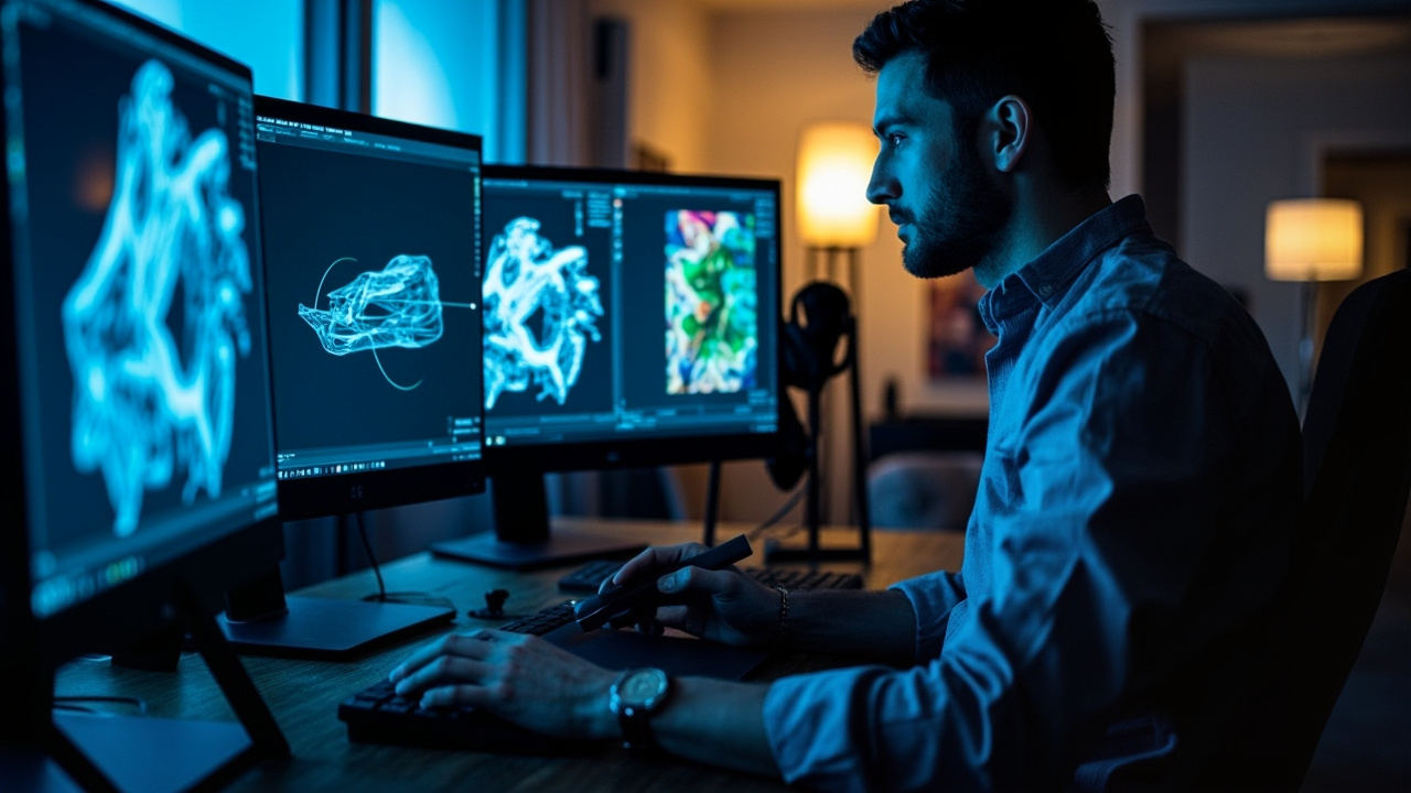 A digital artist working on a 3D model derived from a 2D sketch using specialized software