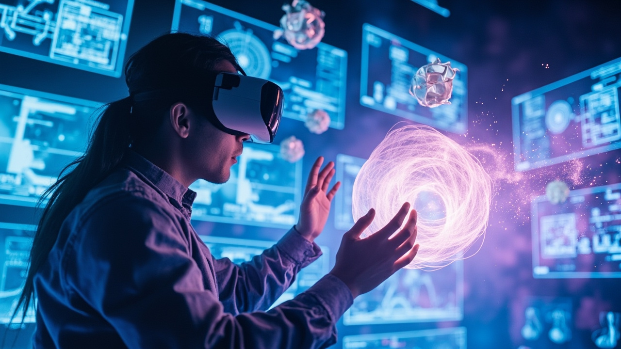 A futuristic digital illustration showing a 3D artist working alongside a glowing AI assistant, generating complex 3D models in real-time