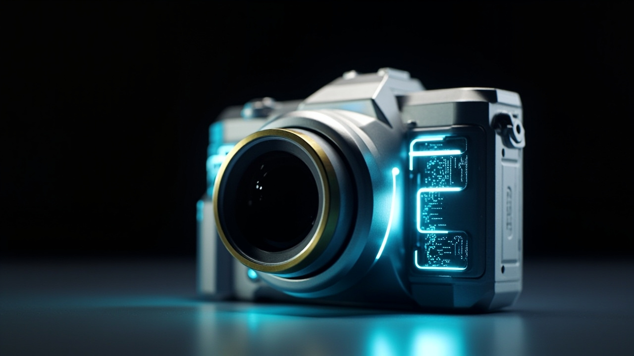 A futuristic digital camera with glowing AI-inspired interfaces, symbolizing the blend of technology and photography