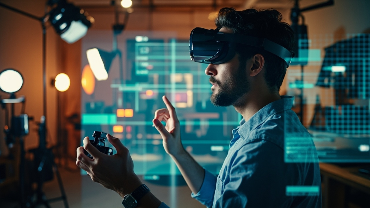 A conceptual image of a photographer using an AR interface with AI-generated overlays for live photo adjustments