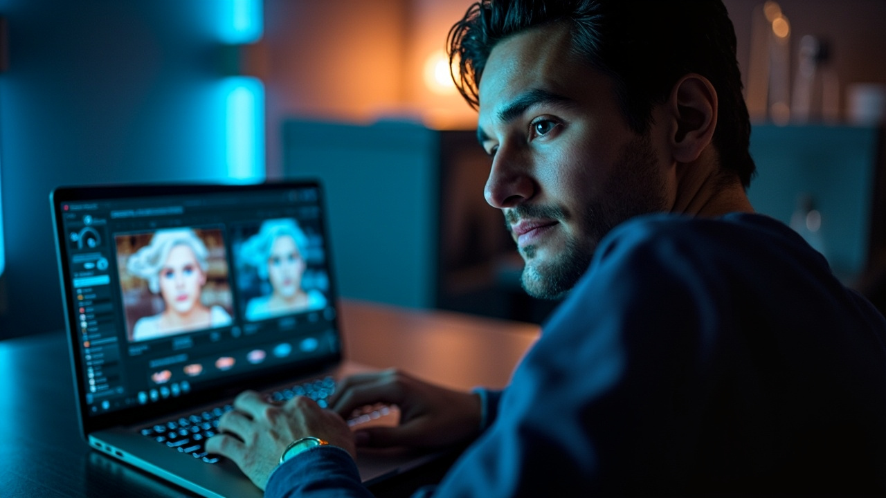 A professional photographer using AI-powered photo editing software on a laptop, showcasing how AI tools enhance workflow efficiency