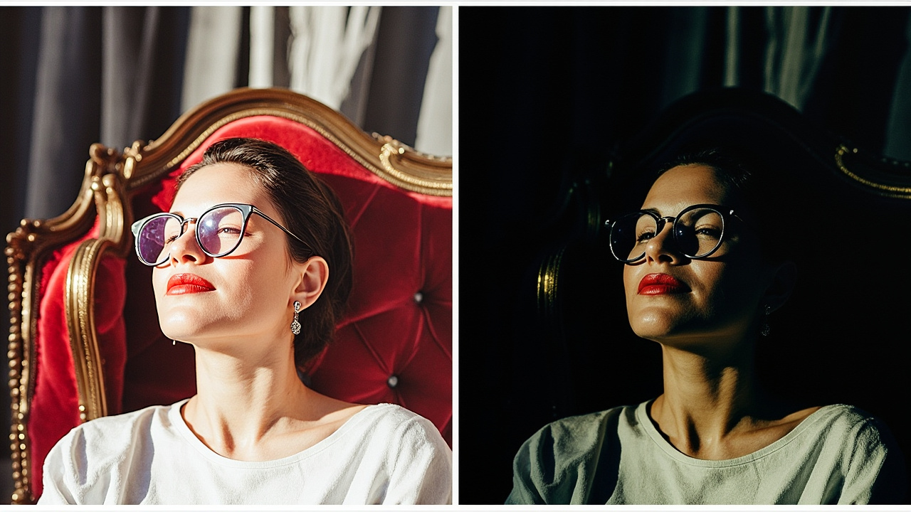 A side-by-side comparison showing an AI-enhanced photo (left) with balanced exposure vs. an unedited version (right) with poor lighting