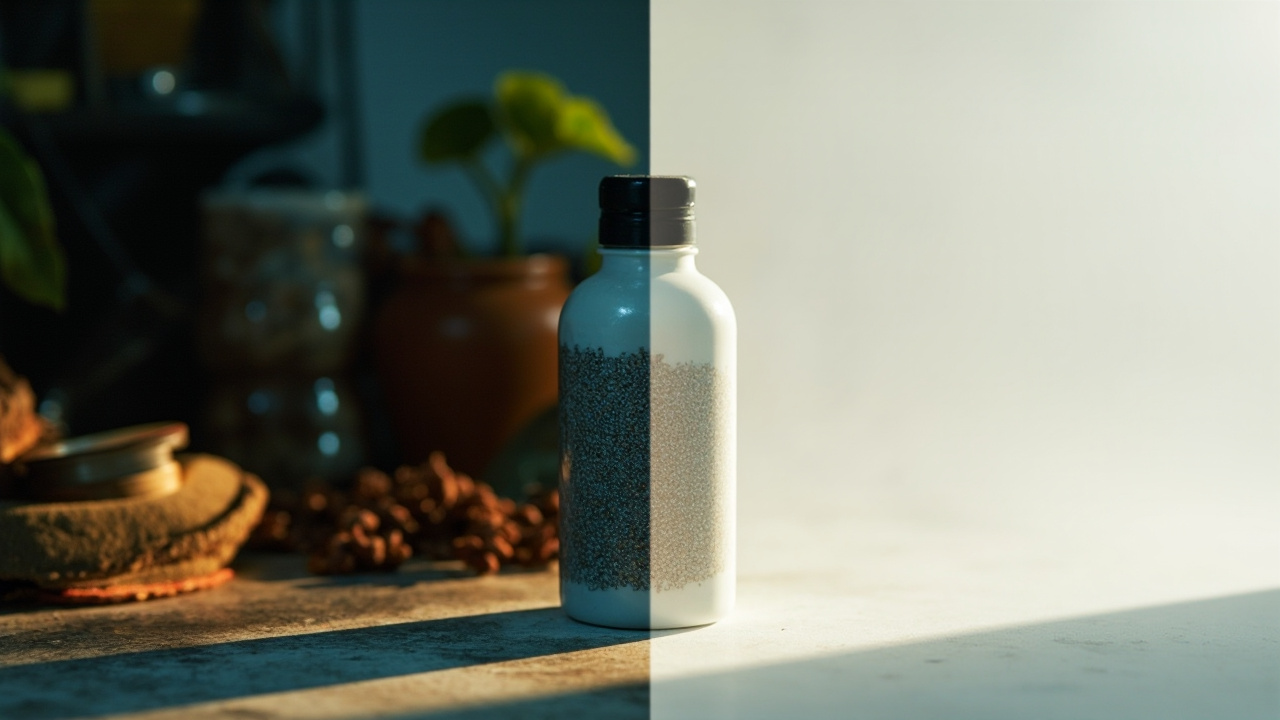 A before-and-after split image of a product photo where AI seamlessly replaces the original background with a studio setting