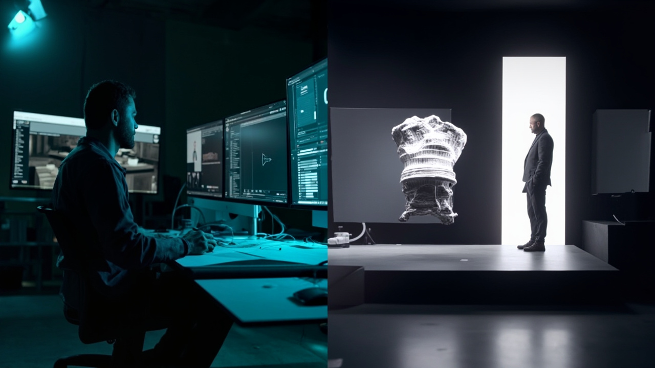 A comparison split-screen image showing a traditional 3D modeling workflow (left) vs. an AI-powered instant generation workflow (right)