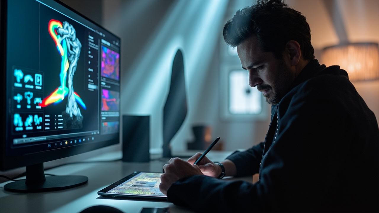 A 3D artist using an AI-assisted sculpting tool, with the AI suggesting real-time improvements to the model's geometry